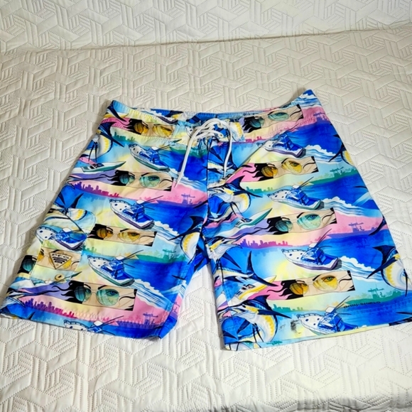 COLUMBIA CARGO SHORT PFG mens‎ 38W OMNI SHIELD Fish Print Board Blue Yellow Pink - Picture 12 of 12